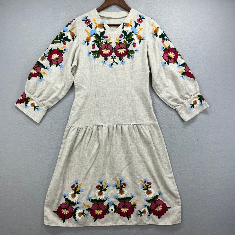 Embroidered Linen Dress Womens Small Beige Floral Midi Boho Peasant Cottagecore